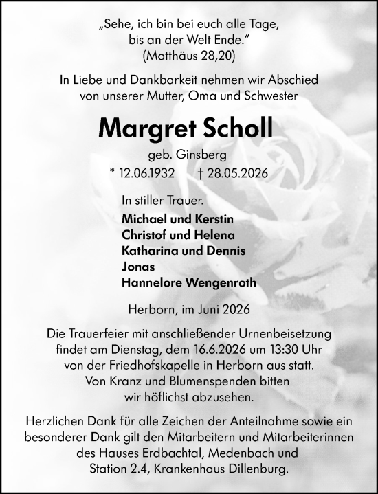 Traueranzeige von Margret Scholl von Dill Block