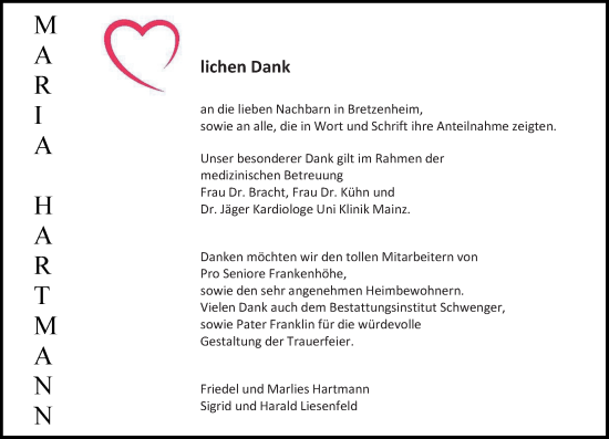 Traueranzeige von Maria Hartmann von Allgemeine Zeitung Mainz