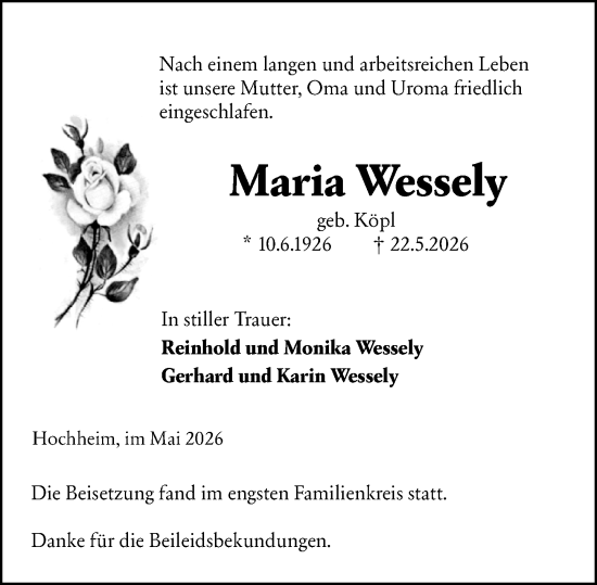 Traueranzeige von Maria Wessely von Hochheimer Zeitung
