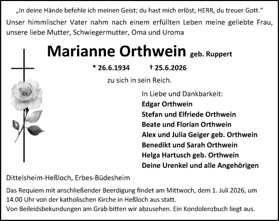 Traueranzeige von Marianne Orthwein von Allgemeine Zeitung Alzey