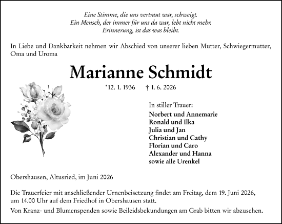 Traueranzeige von Marianne Schmidt von Weilburger Tageblatt