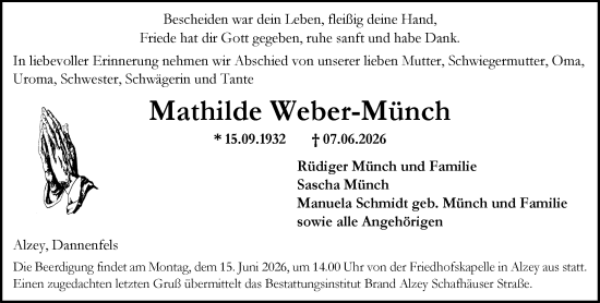 Traueranzeige von Mathilde Weber-Münch von Allgemeine Zeitung Alzey