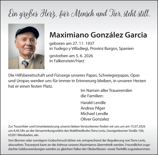Traueranzeige von Maximiano González Garcia von Wiesbadener Kurier
