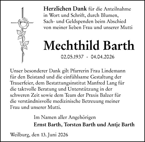 Traueranzeige von Mechthild Barth von Weilburger Tageblatt