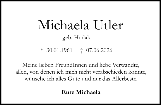 Traueranzeige von Michaela Utler von Darmstädter Echo