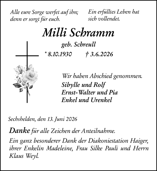 Traueranzeige von Milli Schramm von Dill Block