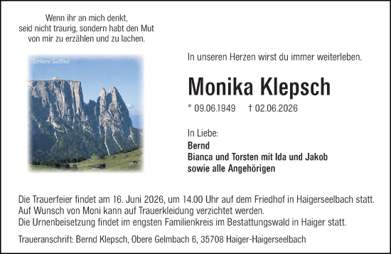 Traueranzeige von Monika Klepsch von Dill Block