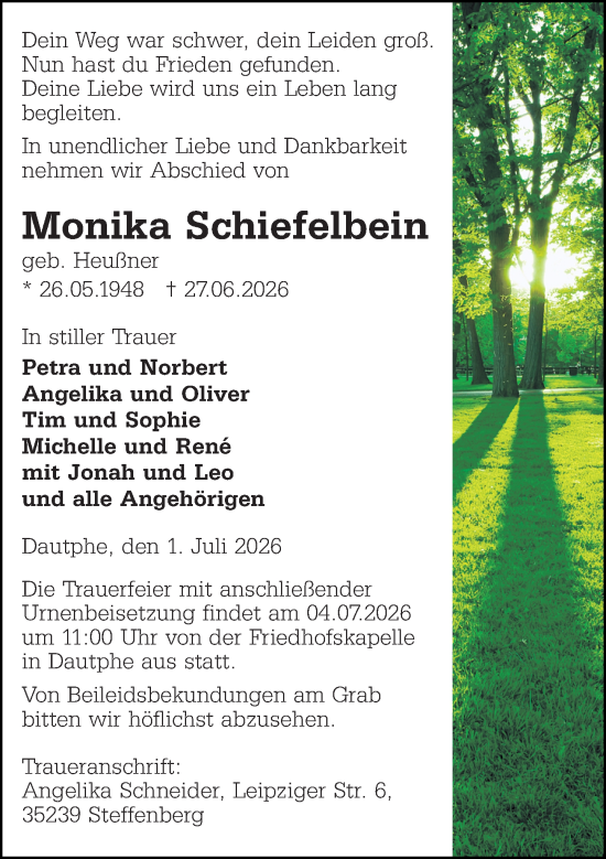 Traueranzeige von Monika Schiefelbein von Hinterländer Anzeiger