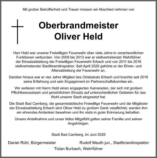 Traueranzeige von Oliver Held von Camberger Anzeiger
