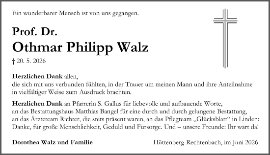 Traueranzeige von Othmar Philipp Walz von Wetzlarer Neue Zeitung