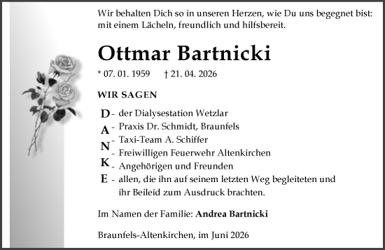 Traueranzeige von Ottmar Bartnicki von Wetzlarer Neue Zeitung