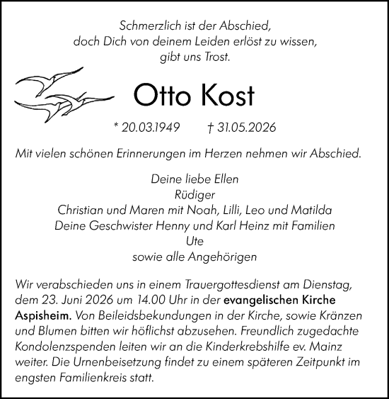 Traueranzeige von Otto Kost von Allgemeine Zeitung Rheinhessen-Nahe