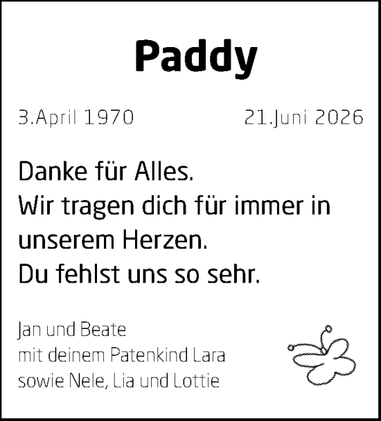 Traueranzeige von Paddy Hofmann von Allgemeine Zeitung Mainz