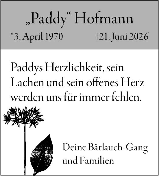 Traueranzeige von Paddy Hofmann von Allgemeine Zeitung Mainz
