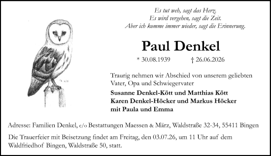 Traueranzeige von Paul Denkel von Allgemeine Zeitung Rheinhessen-Nahe