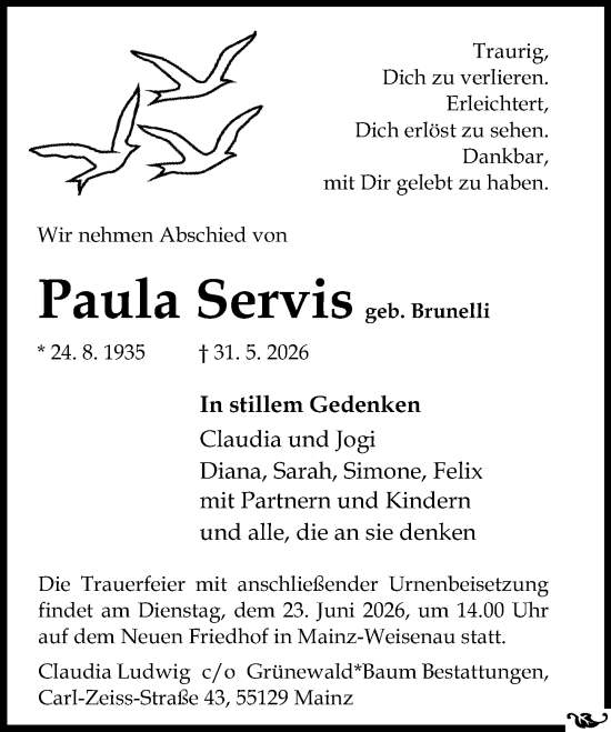 Traueranzeige von Paula Servis von Allgemeine Zeitung Mainz