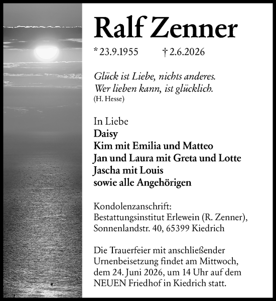 Traueranzeige von Ralf Zenner von Rheingau Kurier