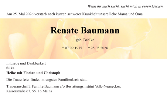 Traueranzeige von Renate Baumann von Allgemeine Zeitung Mainz