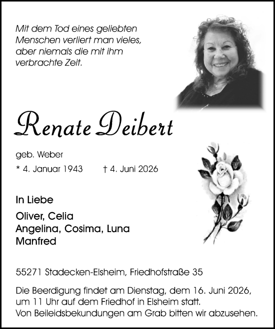 Traueranzeige von Renate Deibert von Allgemeine Zeitung Mainz