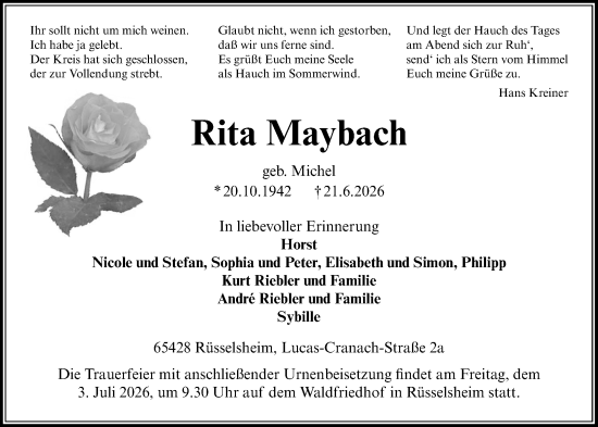 Traueranzeige von Rita Maybach von Rüsselsheimer Echo