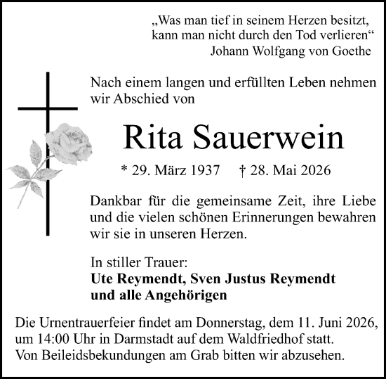 Traueranzeige von Rita Sauerwein von Darmstädter Echo
