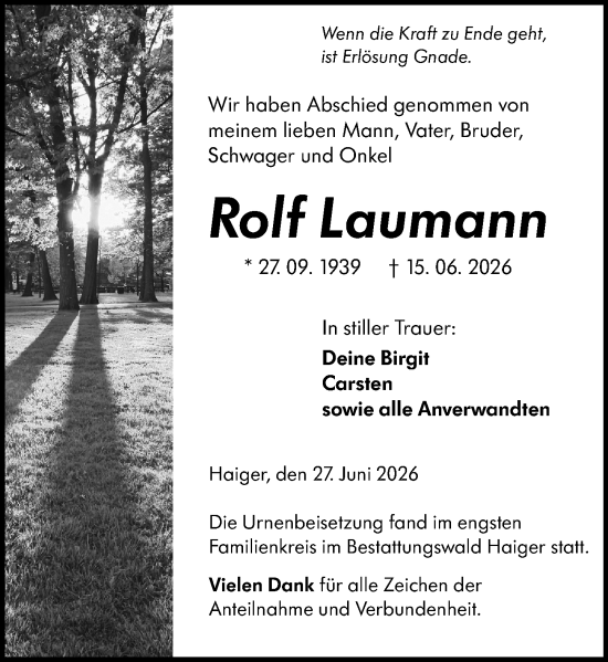 Traueranzeige von Rolf Laumann von Dill Block
