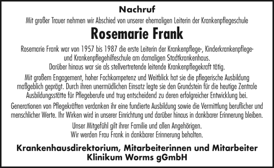 Traueranzeige von Rosemarie Frank von Wormser Zeitung