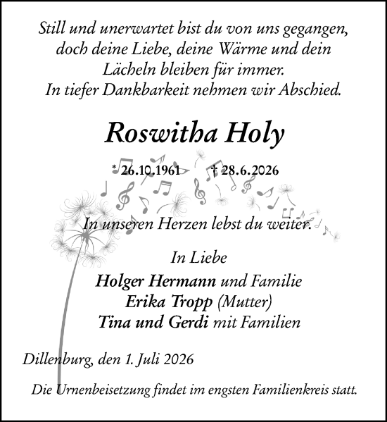 Traueranzeige von Roswitha Holy von Dill Block