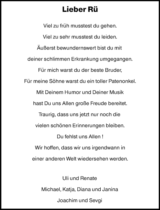 Traueranzeige von Rü Lang von Odenwälder Echo
