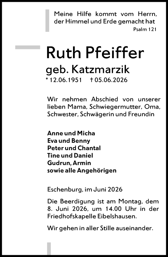 Traueranzeige von Ruth Pfeiffer von Dill Block