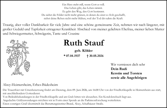Traueranzeige von Ruth Stauf von Allgemeine Zeitung Alzey