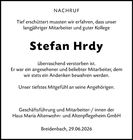Traueranzeige von Stefan Hrdy von Hinterländer Anzeiger