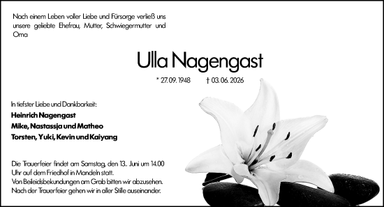 Traueranzeige von Ulla Nagengast von Dill Block