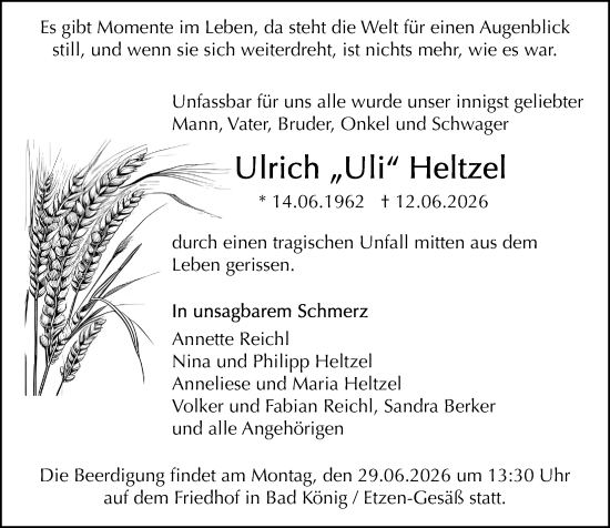 Traueranzeige von Ulrich Heltzel von Odenwälder Echo