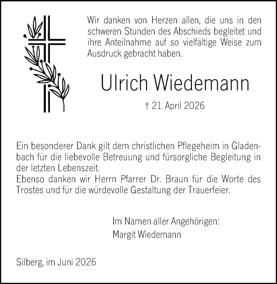 Traueranzeige von Ulrich Wiedemann von Hinterländer Anzeiger