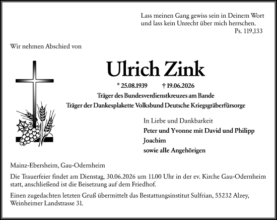 Traueranzeige von Ulrich Zink von Allgemeine Zeitung Alzey