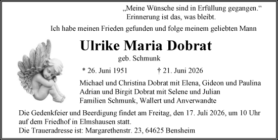 Traueranzeige von Ulrike Maria Dobrat von Darmstädter Echo