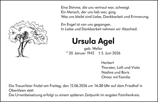 Traueranzeige von Ursula Agel von Wetzlarer Neue Zeitung