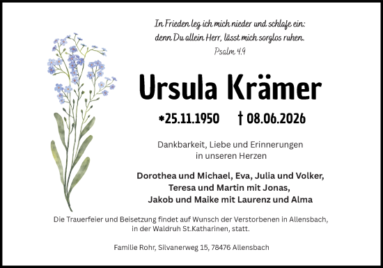 Traueranzeige von Ursula Krämer von Allgemeine Zeitung Mainz