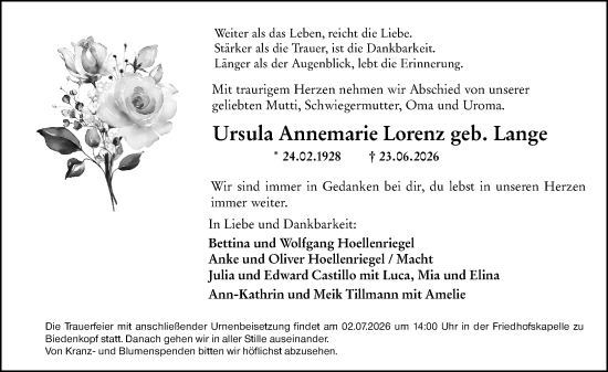 Traueranzeige von Ursula Annemarie Lorenz von Hinterländer Anzeiger