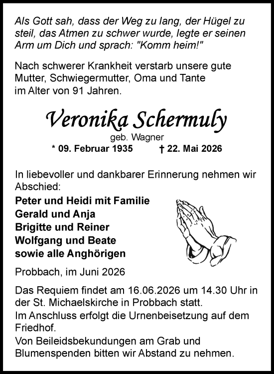 Traueranzeige von Veronika Schermuly von Weilburger Tageblatt