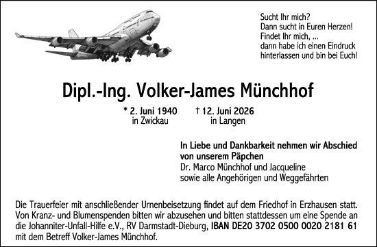 Traueranzeige von Volker-James Münchhof von Darmstädter Echo