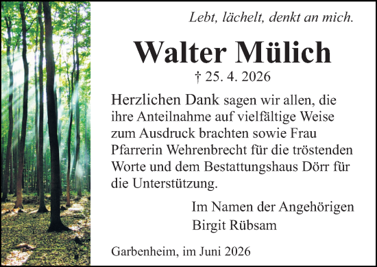 Traueranzeige von Walter Mülich von Wetzlarer Neue Zeitung