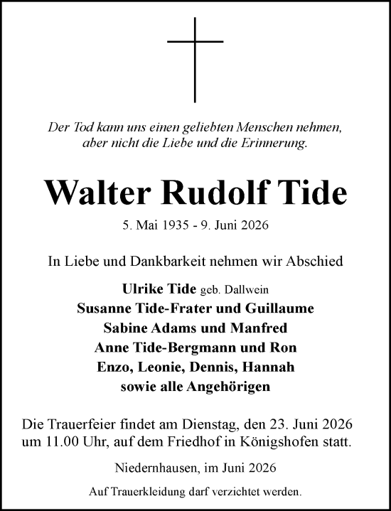 Traueranzeige von Walter Rudolf Tide von Wiesbadener Kurier