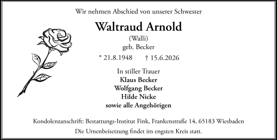Traueranzeige von Waltraud Arnold von Wiesbadener Kurier