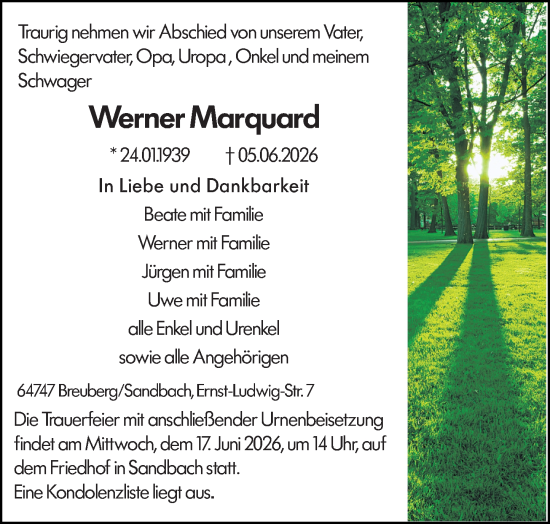 Traueranzeige von Werner Marquard von Odenwälder Echo