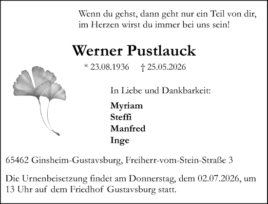 Traueranzeige von Werner Pustlauck von Darmstädter Echo
