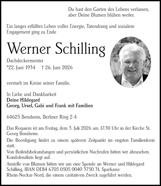 Traueranzeige von Werner Schilling von Starkenburger Echo
