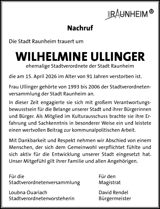 Traueranzeige von Wilhelmine Ullinger von Rüsselsheimer Echo