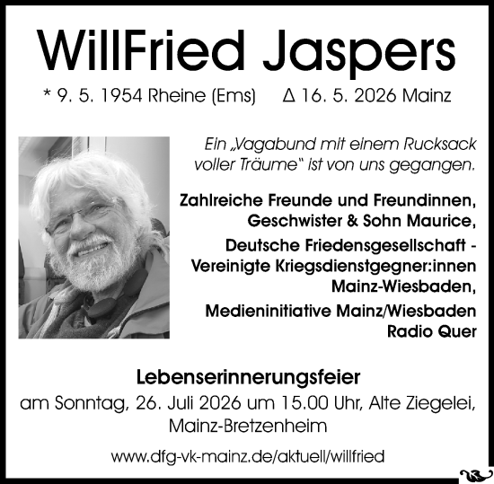 Traueranzeige von Willfried Jaspers von Allgemeine Zeitung Mainz